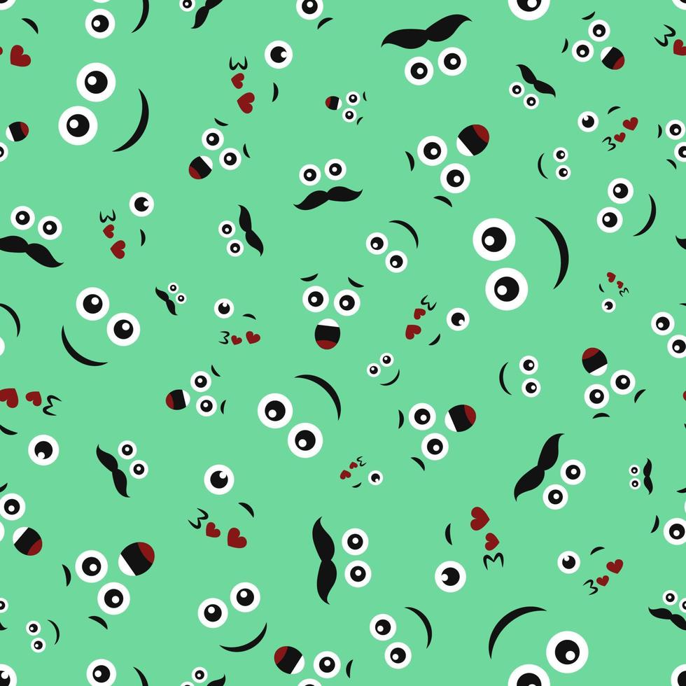 Cartoon-Gesichter mit Emotionen. Nahtloses Muster mit verschiedenen Emoticons auf grünem Hintergrund. Vektor-Illustration vektor