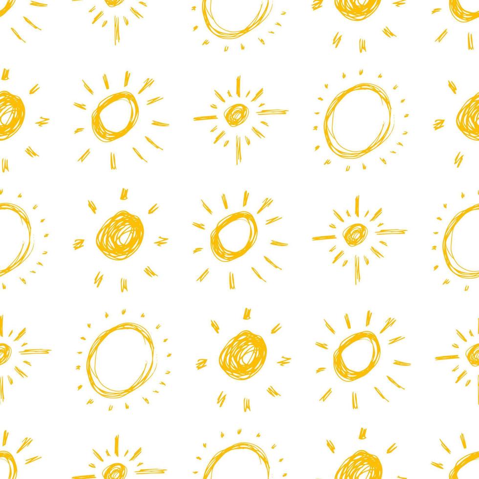 hand dragen Sol. sömlös mönster av enkel skiss solens. sol- symbol. gul klotter isolerat på vit bakgrund. vektor illustration.