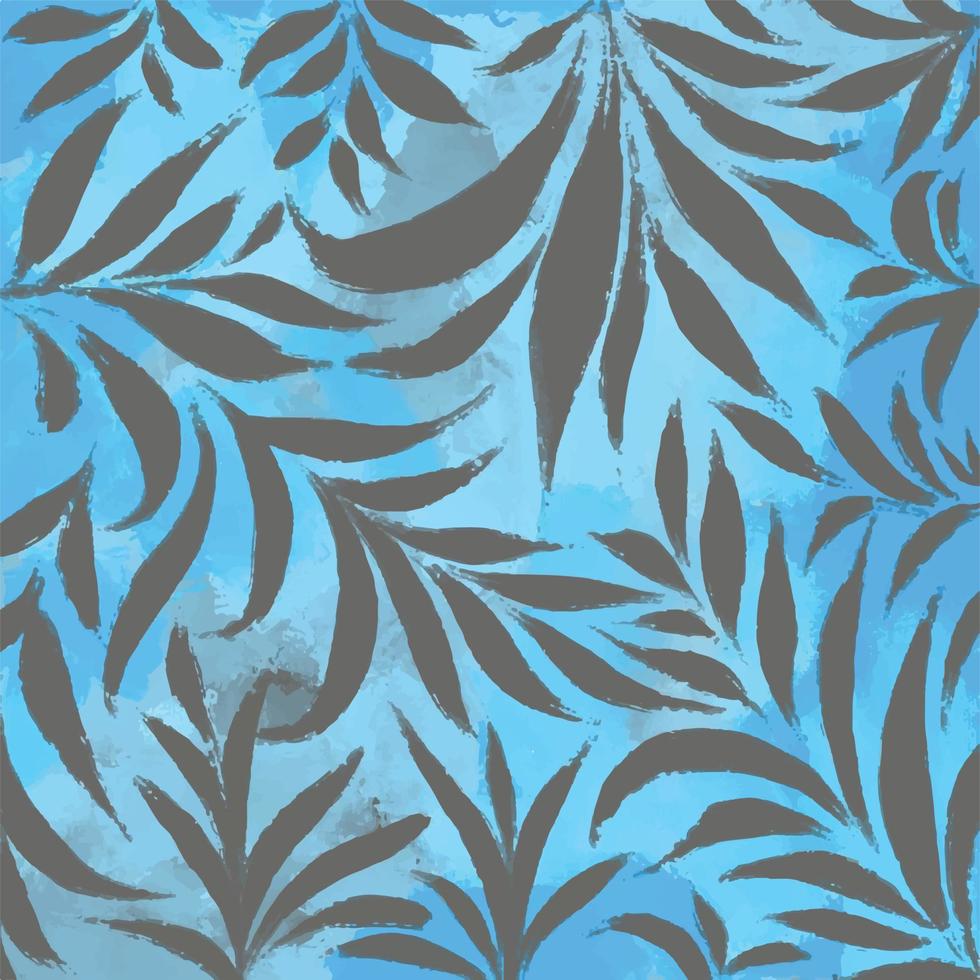 blå texturerad grunge borsta stroke bakgrund med grå botanisk löv dekoration mönster på topp isolerat vektor tapet. naturlig tema dekorativ bakgrund.
