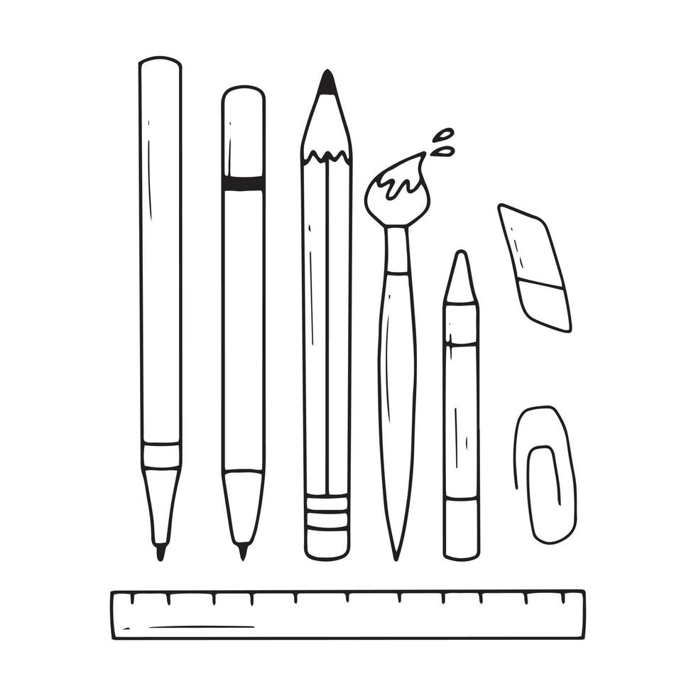 Satz von Schulsachen. Vektor-Illustration. Doodle-Stil. Sammlung von Schulelementen. zurück zur Schule. Kugelschreiber, Bleistift, Radiergummi, Lineal, Buntstift. vektor