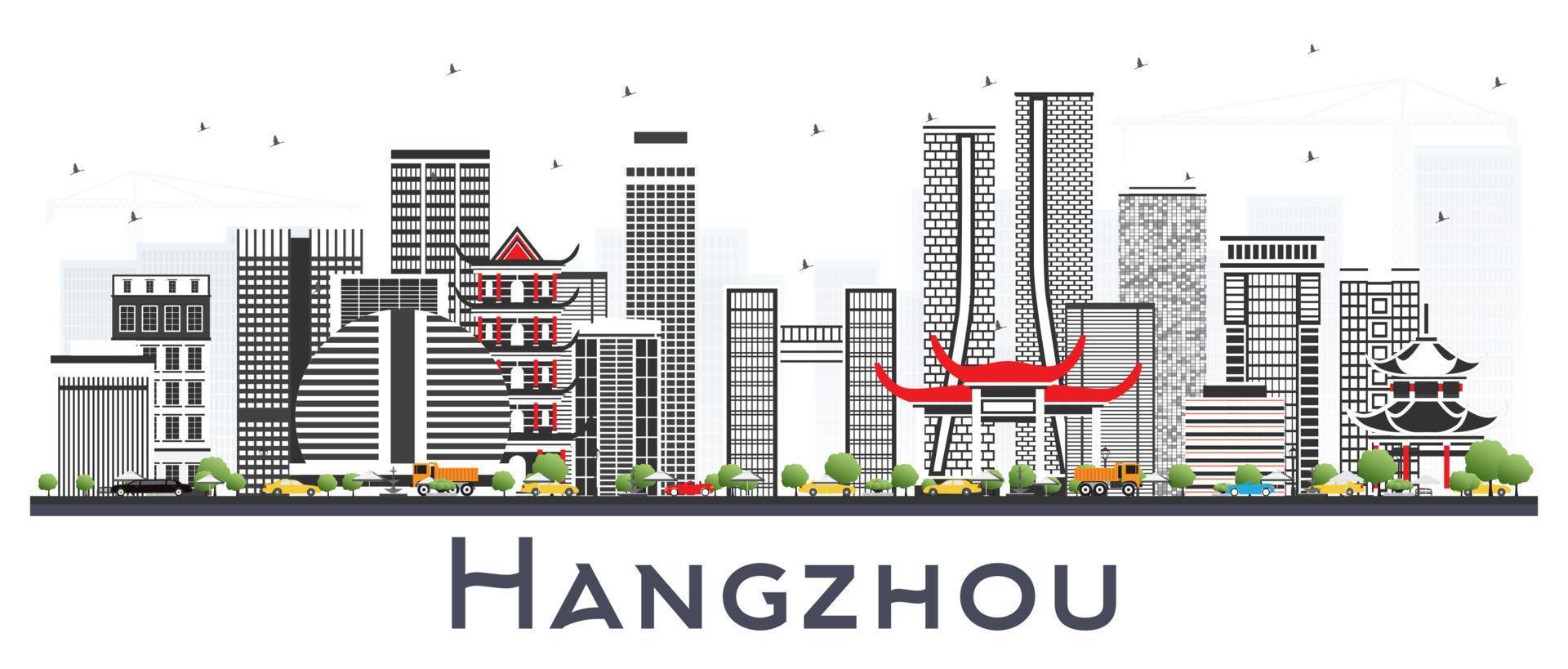 hangzhou china city skyline mit grauen gebäuden isoliert auf weiß. vektor