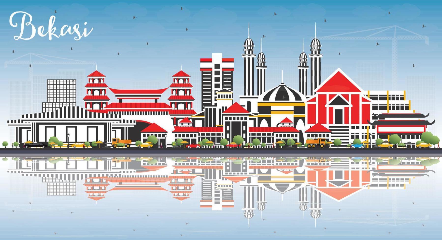 bekasi indonesien stadtskyline mit farbigen gebäuden, blauem himmel und reflexionen. vektor