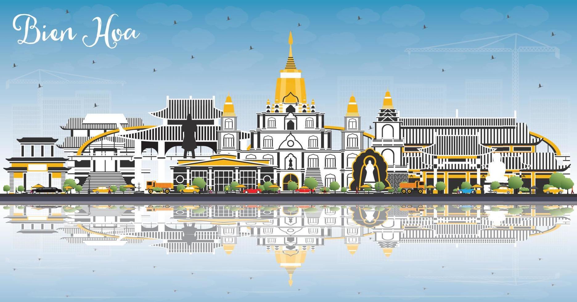 bien hoa vietnam city skyline mit grauen gebäuden, blauem himmel und reflexionen. vektor