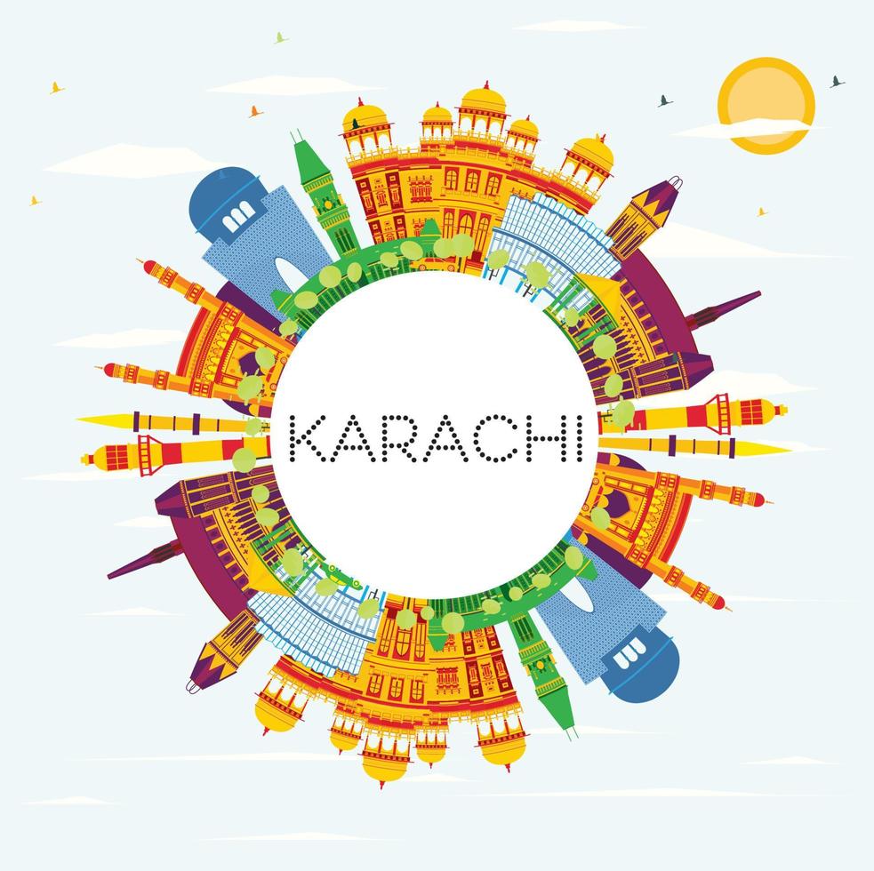 karachi-skyline mit farbmarksteinen, blauem himmel und kopierraum. vektor