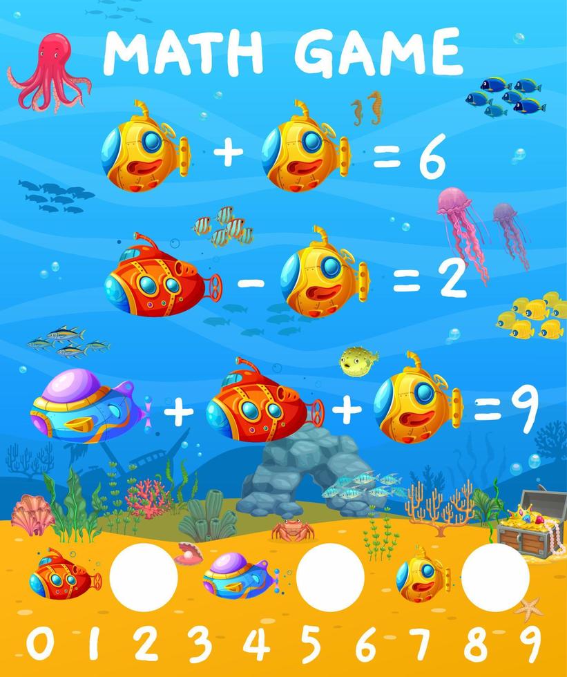 matematik spel tecknad serie ubåtar och bathyscaphes vektor