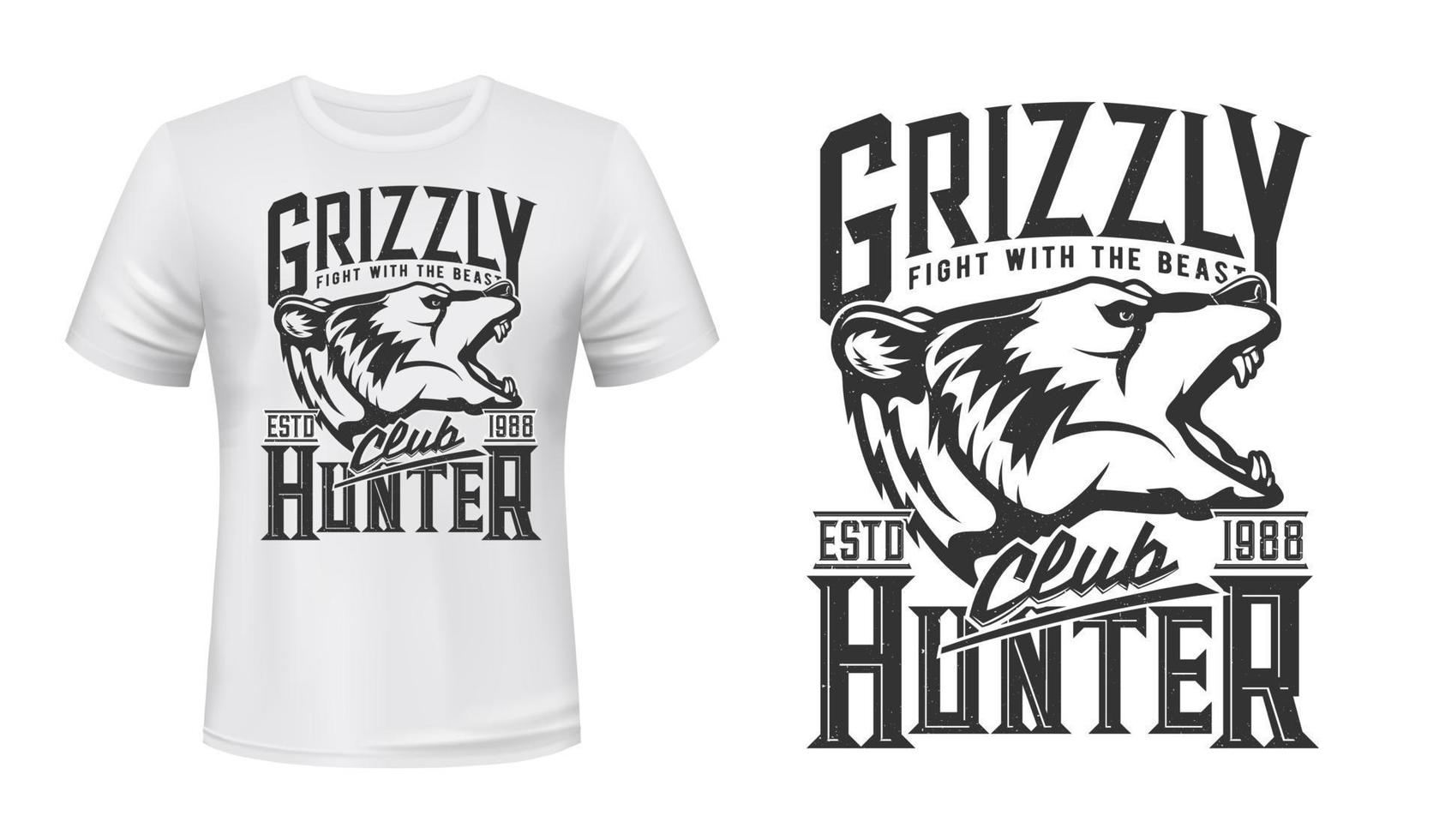 Hunter Club T-Shirt-Aufdruck, Grizzlybär-Tier vektor