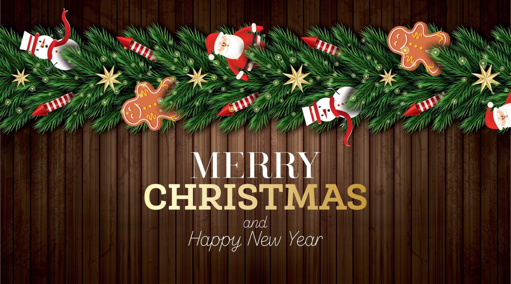 jul hälsning kort med santa claus, jul träd grenar, gyllene stjärnor, röd raketer, snögubbe och pepparkaka man. vektor
