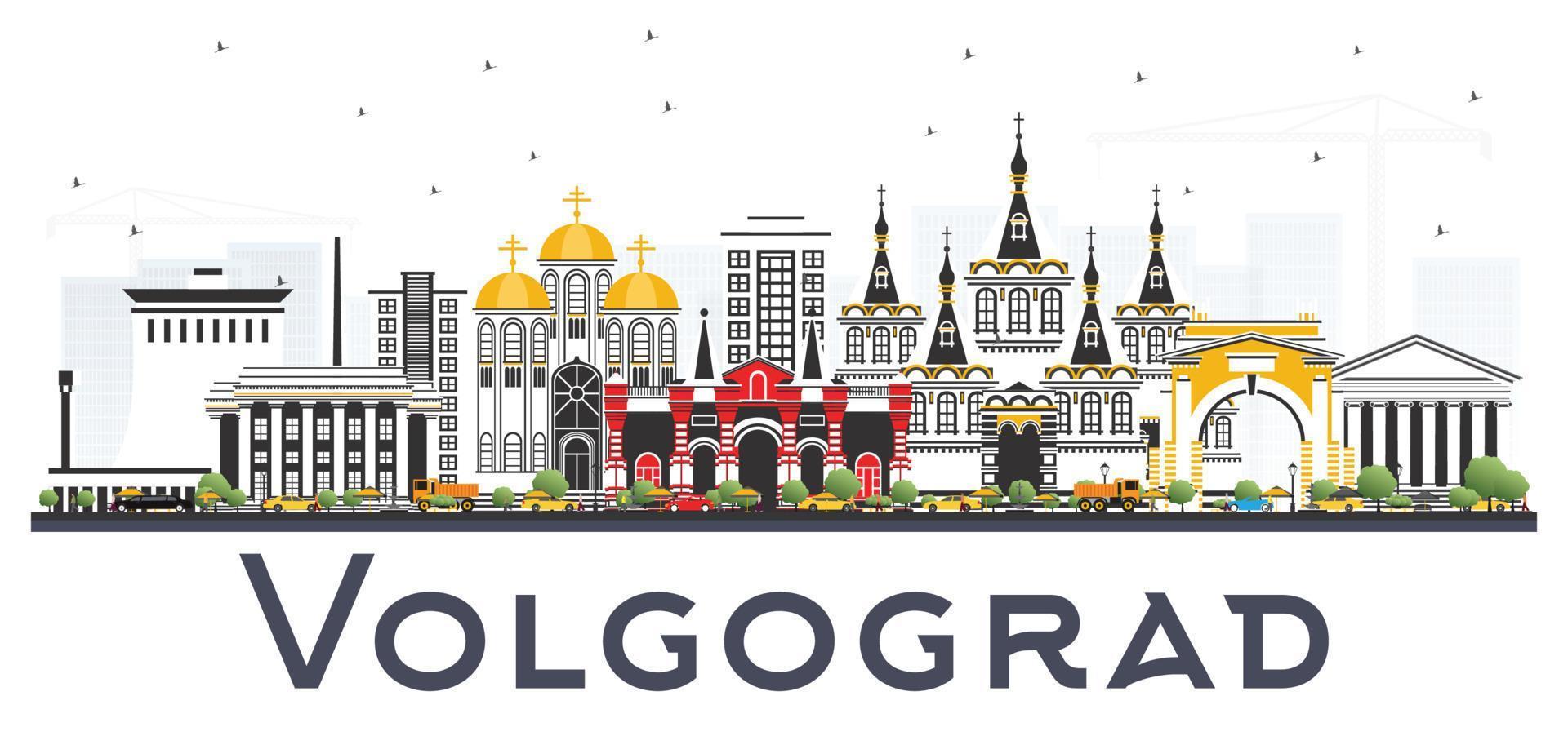 wolgograd russland stadtsilhouette mit farbigen gebäuden isoliert auf weiß. vektor