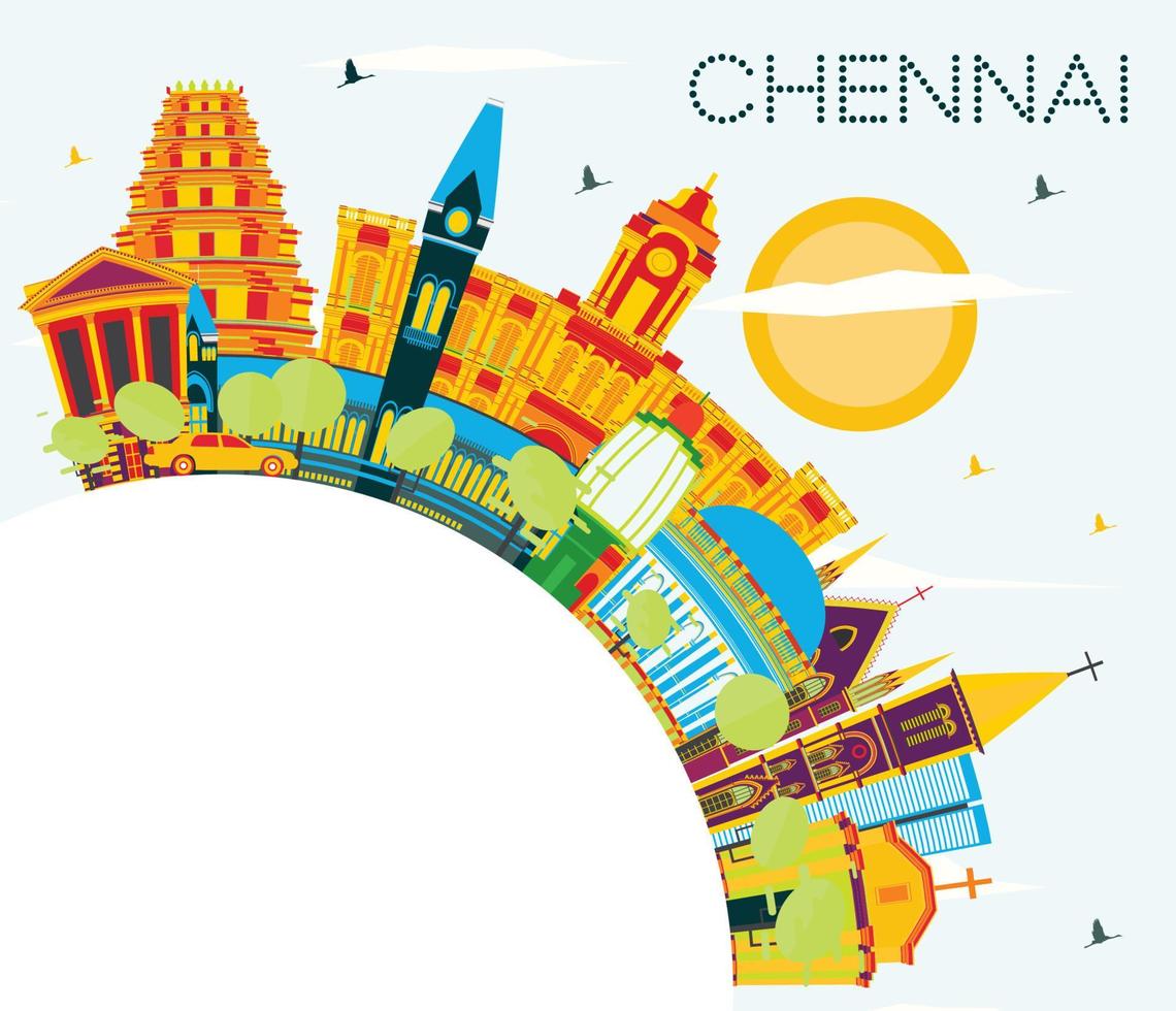 chennai indien skyline mit farbmarksteinen, blauem himmel und kopierraum. vektor