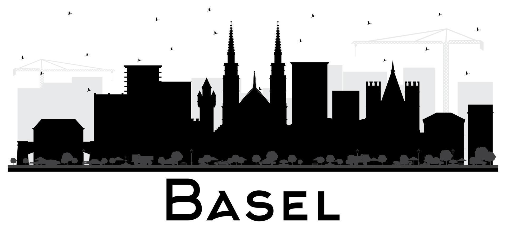 basel schweiz city skyline silhouette mit schwarzen gebäuden isoliert auf weiß. vektor