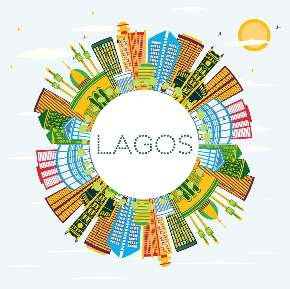 lagos nigeria city skyline mit farbigen gebäuden, blauem himmel und kopierraum. vektor