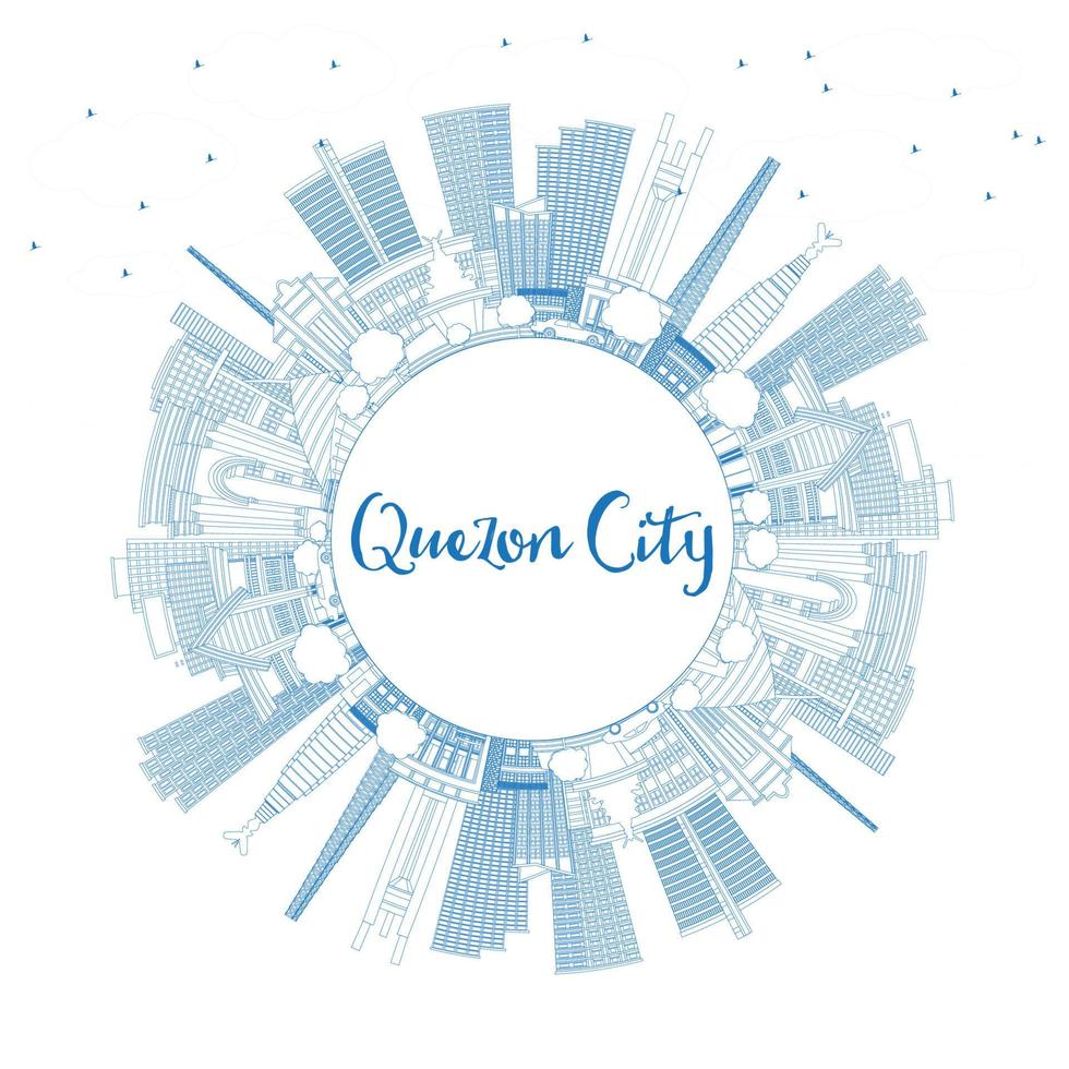 umriss die skyline von quezon city philippinen mit blauen gebäuden und kopierraum. vektor