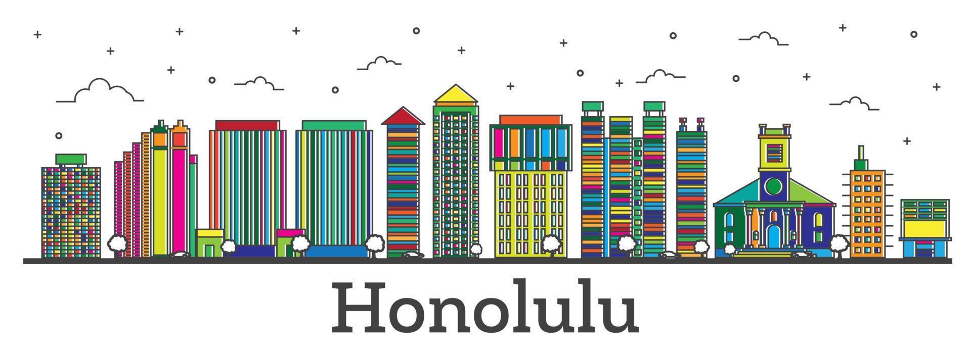 översikt honolulu hawaii stad horisont med Färg byggnader isolerat på vit. vektor