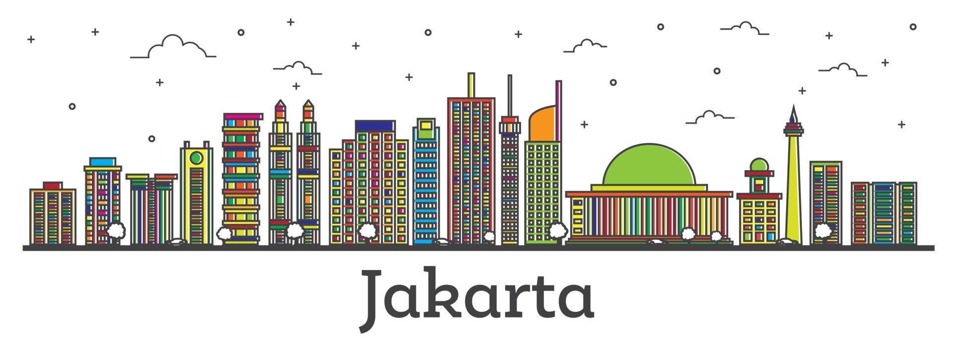 skizzieren sie die skyline von jakarta indonesien mit farbigen gebäuden, die auf weiß isoliert sind. vektor