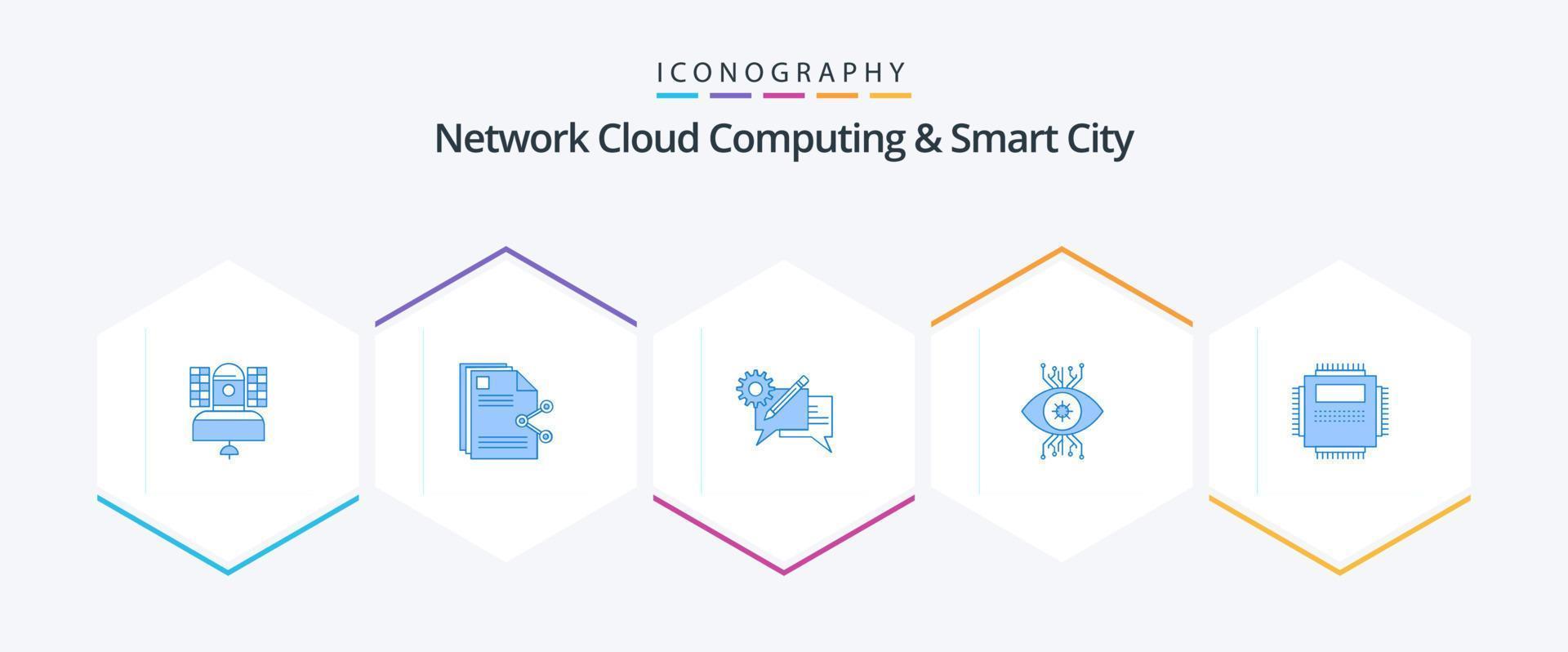 Netzwerk Cloud Computing und Smart City 25 Blue Icon Pack inklusive Überwachung. Infrastruktur. Teilen. Botschaft. Diskussion vektor