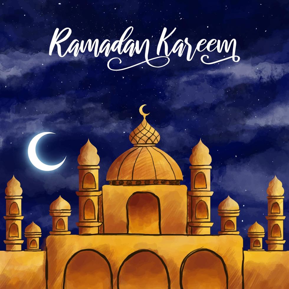 skön gyllene moské vattenfärg vektor illustration med en halvmåne i en natt himmel. ritad för hand islamic firande bakgrund. ramadan flygblad mall
