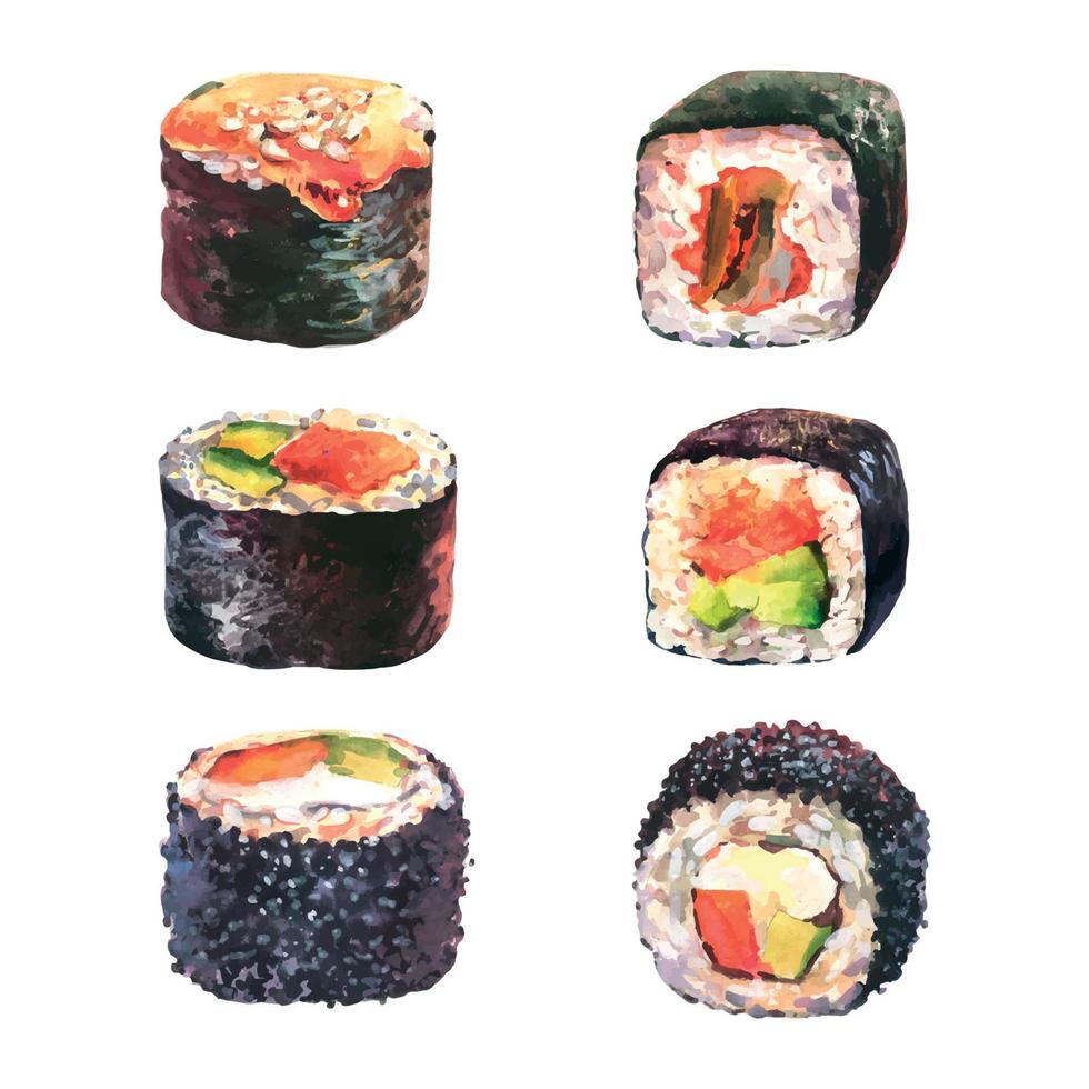 aquarell handgezeichneter satz von rollen. japanisches Essen, isoliert auf weißem Hintergrund. Japanisches Restaurantmenü. vektor