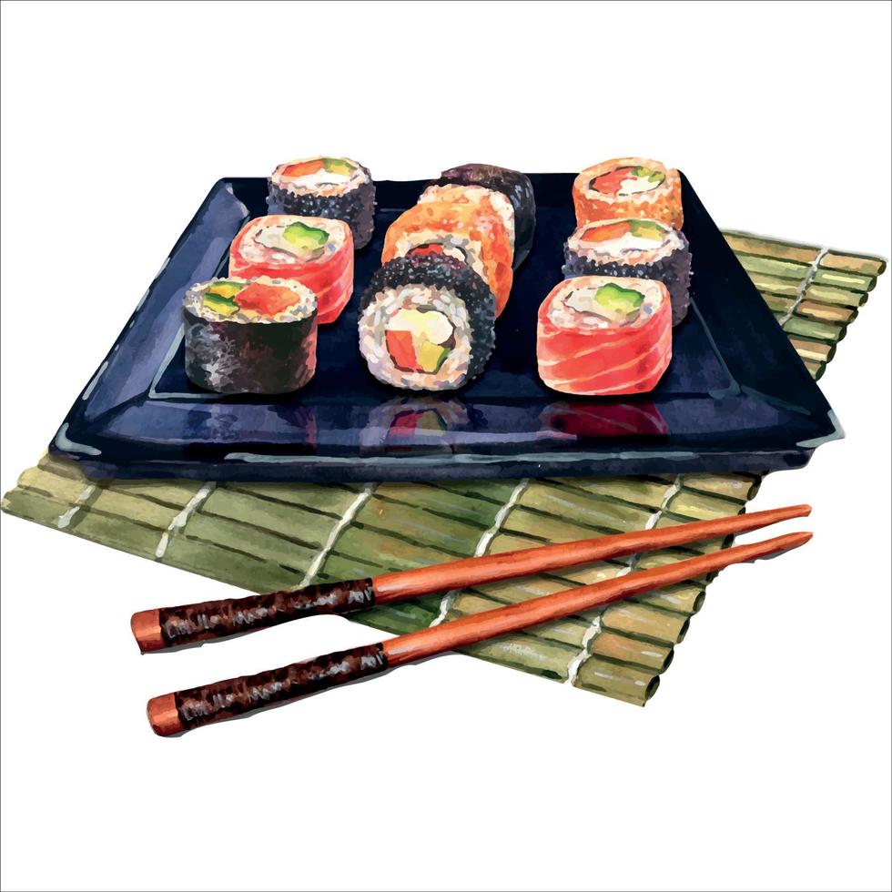 vattenfärg illustration sushi rullar uppsättning tjänande på särskild svart bricka, och av trä- matta, bambu sushi matta och ätpinnar. vektor