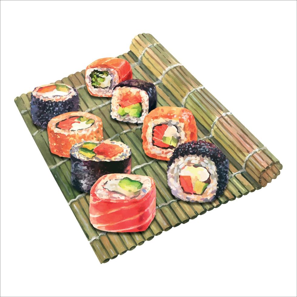 Aquarellmuster mit Sushi. Lebensmittel abstrakter Hintergrund. Flying Sushi, Sashimi und Brötchen auf dem weißen Hintergrund isoliert. vektor