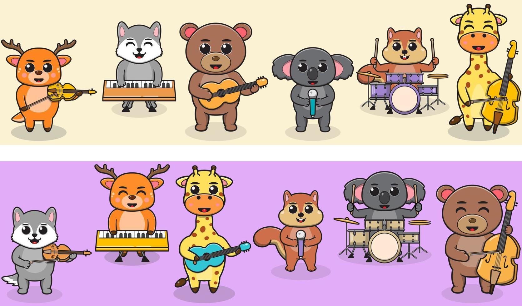 tecknad serie vild djur- spela musik band. rådjur, Varg, Björn, koala, ekorre, giraff. illustration uppsättning med annorlunda djur. djur spelar musik instrument. vektor