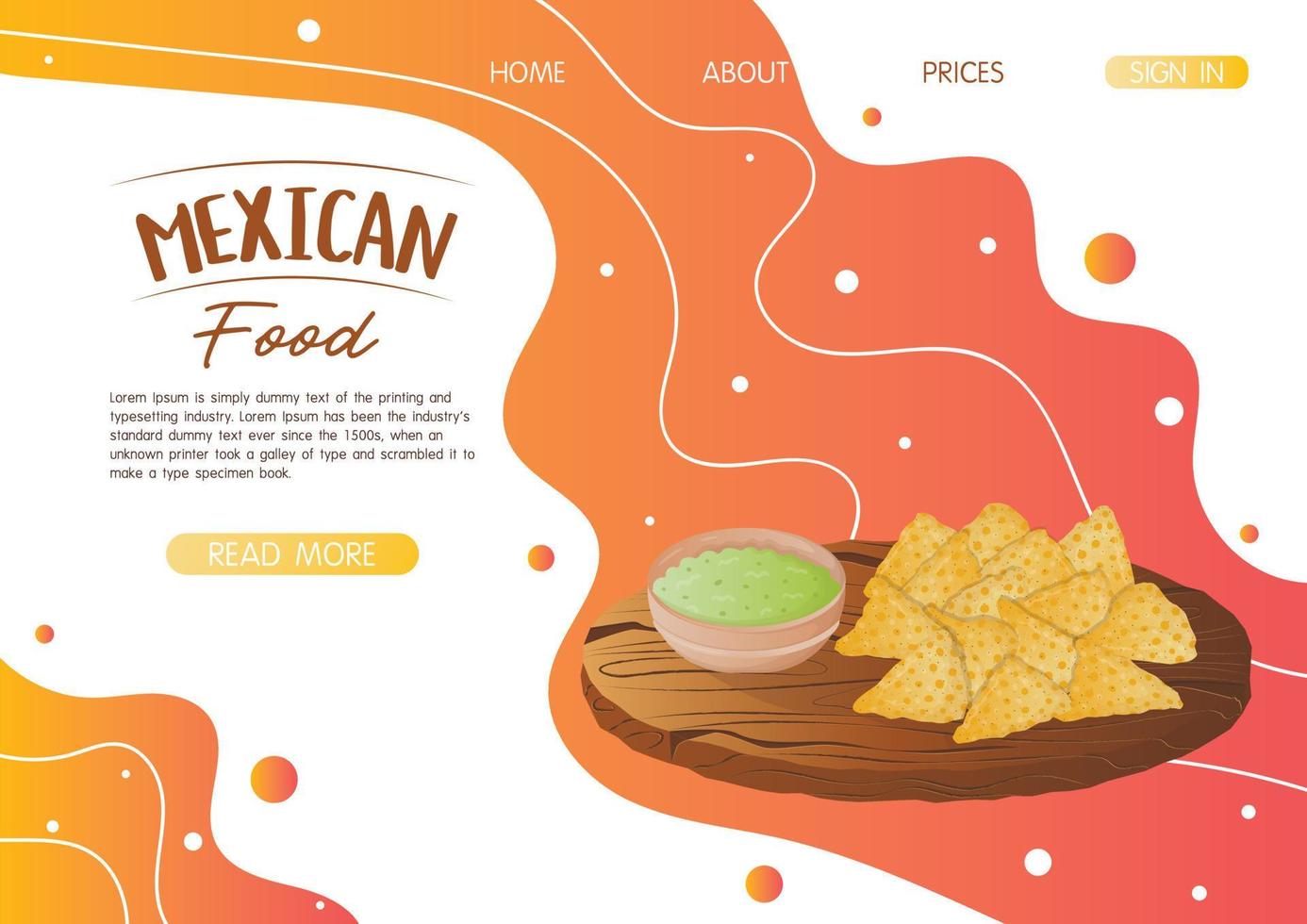 Website-Landing-Page-Vorlage mit mexikanischem Gericht Nachos mit Guacamole-Sauce auf einem Holztablett. Fast-Food-Restaurant und Streetfood-Snacks, Fleischtortillas, Lieferung von Speisen zum Mitnehmen vektor