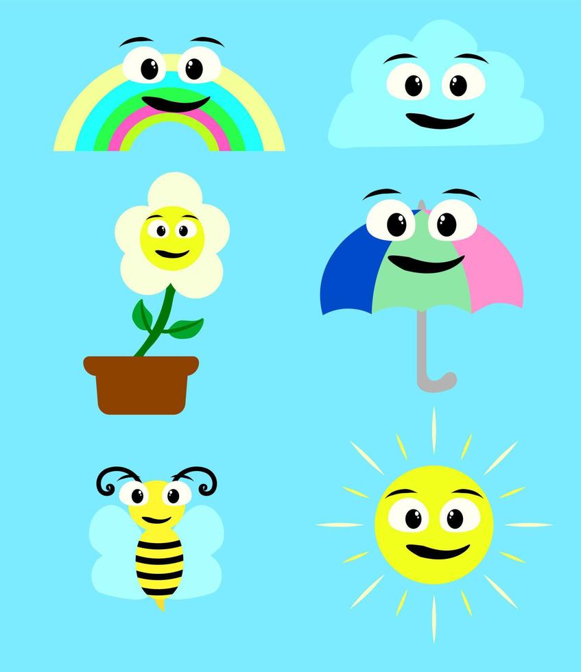 Wetter-Emoticon-Flachsymbol-Set. karikaturregenbogen, wolke, sonne, biene und blume. vektor