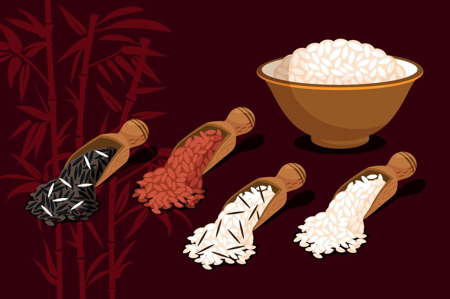 asiatisk mat. annorlunda typer av ris i koppar och på skedar. brun skön bakgrund med bambu vektor