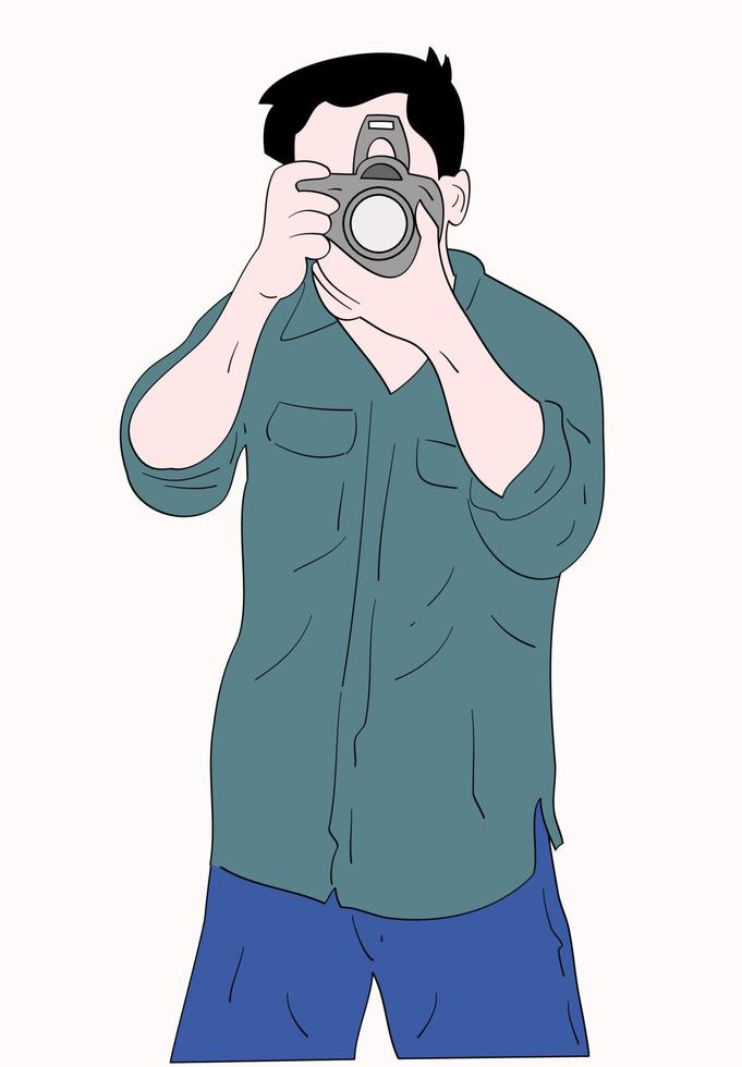 männlicher Fotograf mit Kamera, handgezeichneter Skizzenvektor. vektor