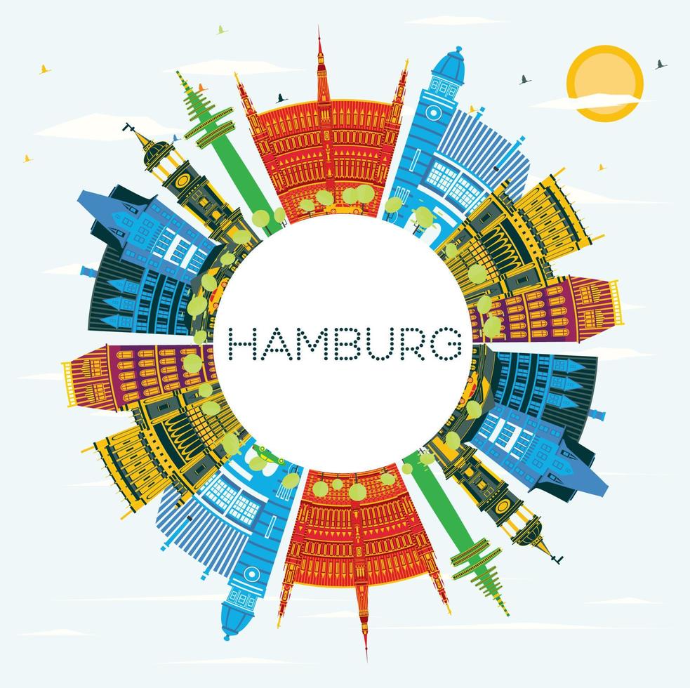 hamburg deutschland stadtskyline mit farbigen gebäuden, blauem himmel und kopierraum. vektor
