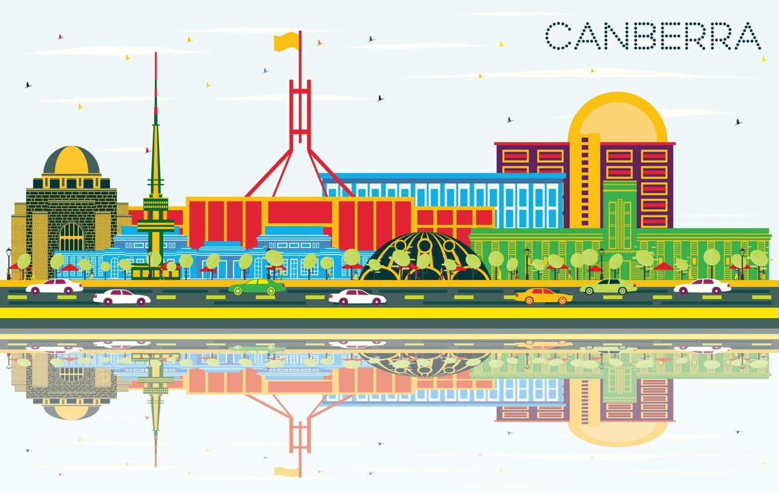 canberra Australien stad horisont med Färg byggnader, blå himmel och reflektioner. vektor