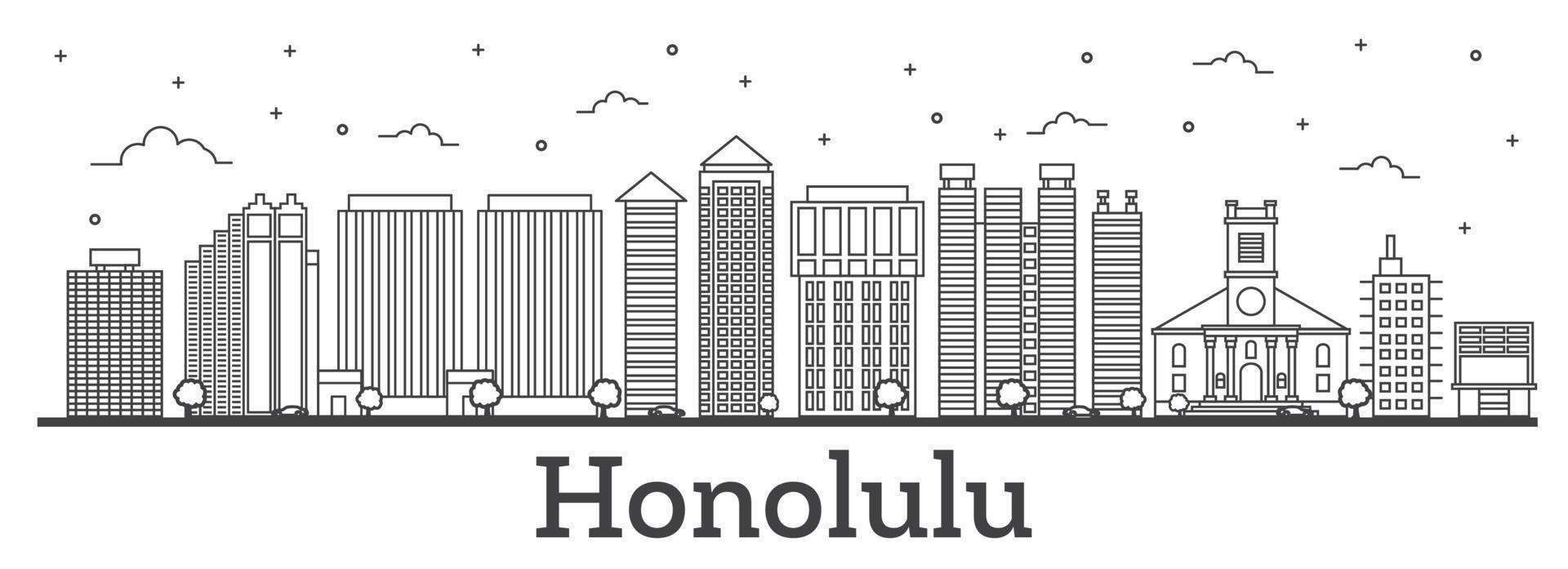 skizzieren sie die skyline von honolulu hawaii mit modernen gebäuden, die auf weiß isoliert sind. vektor
