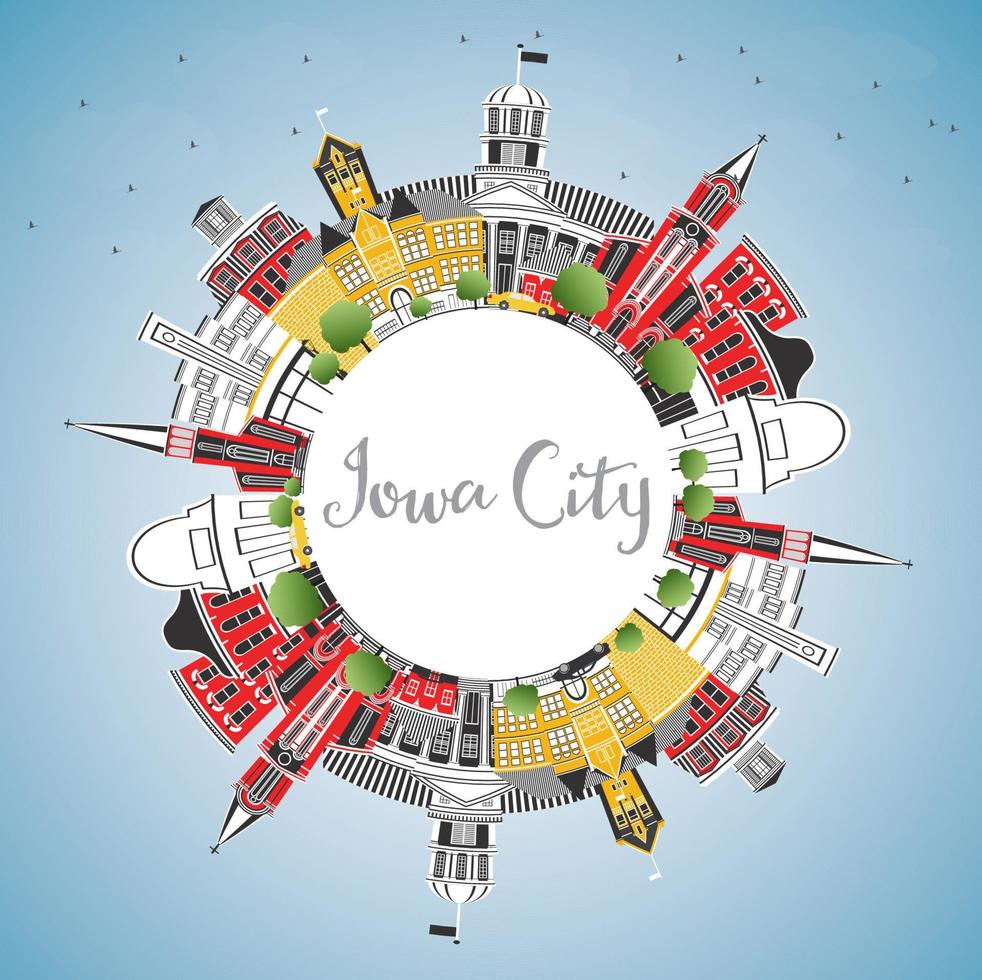 iowa city skyline mit farbigen gebäuden, blauem himmel und kopierraum. vektor