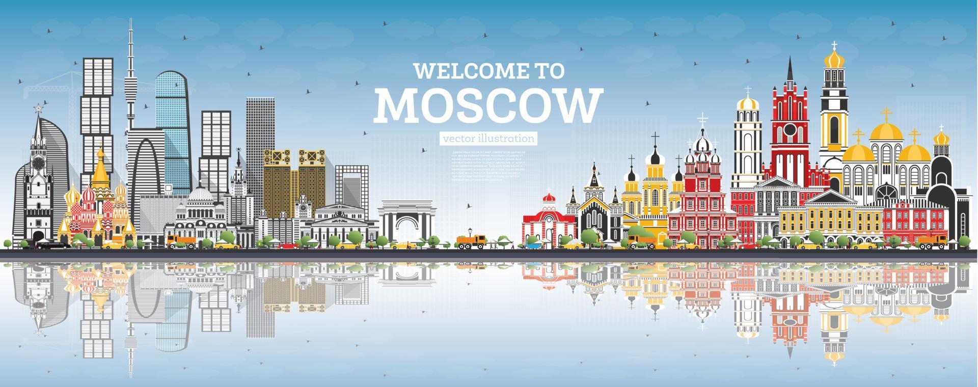 willkommen in der moskauer russland-skyline mit grauen gebäuden, blauem himmel und reflexionen. vektor