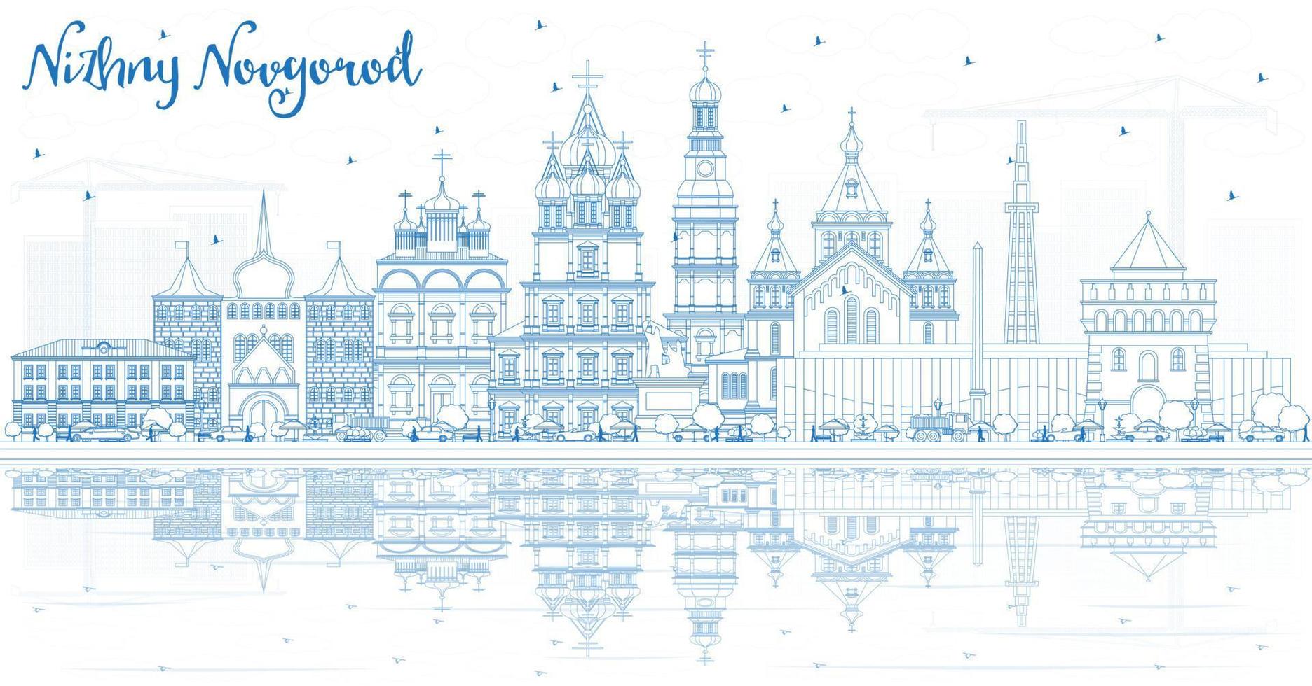 Umriss Nischni Nowgorod Russland Skyline der Stadt mit blauen Gebäuden und Reflexionen. vektor