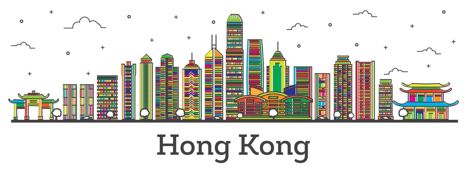 umriss hong kong china skyline der stadt mit farbgebäuden isoliert auf weiß. vektor