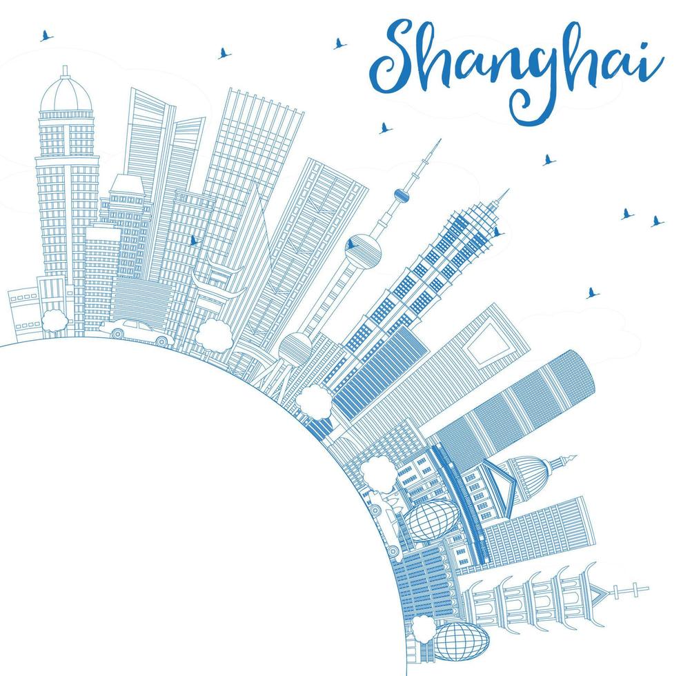 översikt shanghai Kina stad horisont med blå byggnader och kopia Plats. vektor
