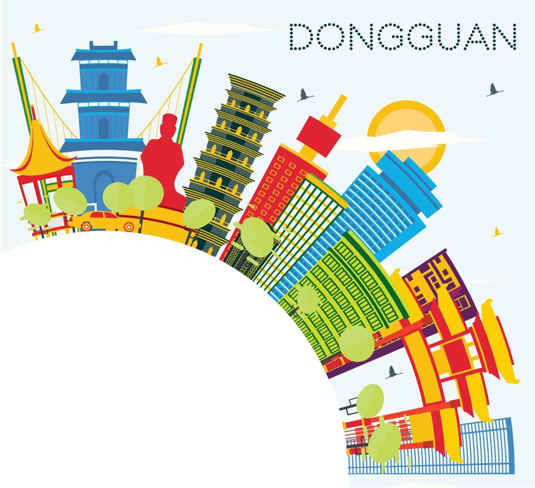 dongguan china city skyline mit farbigen gebäuden, blauem himmel und kopierraum. vektor