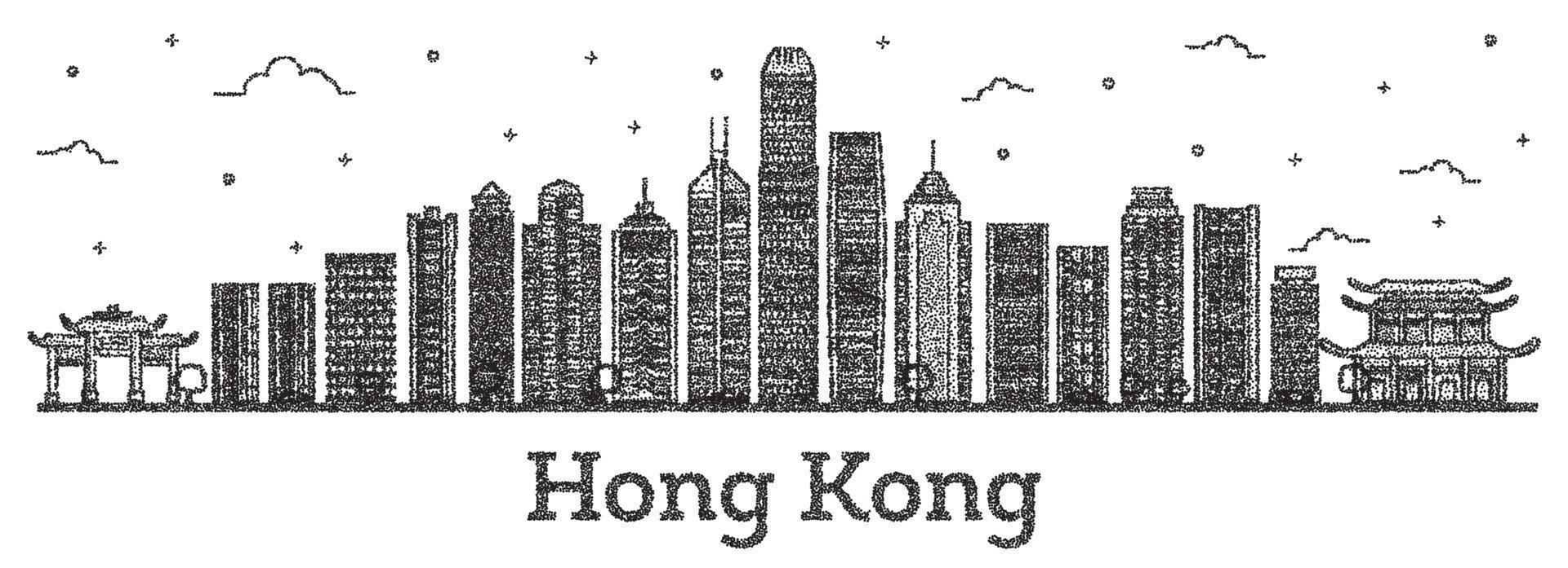 eingravierte hong kong china skyline der stadt mit modernen gebäuden isoliert auf weiß. vektor