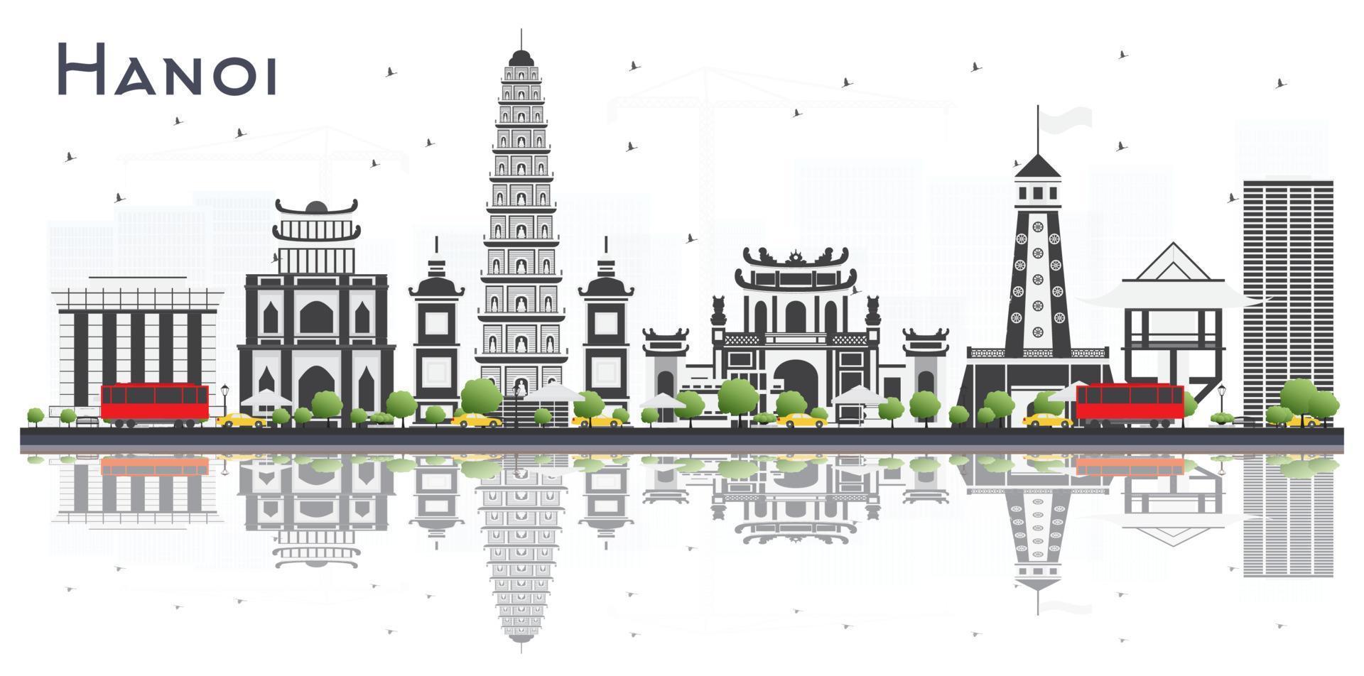 hanoi vietnam stad horisont med grå byggnader och reflektioner isolerat på vit bakgrund. vektor