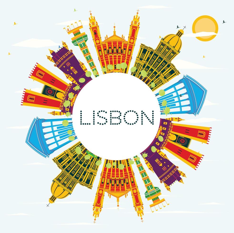 lissabon portugal stad horisont med Färg byggnader, blå himmel och kopia Plats. vektor