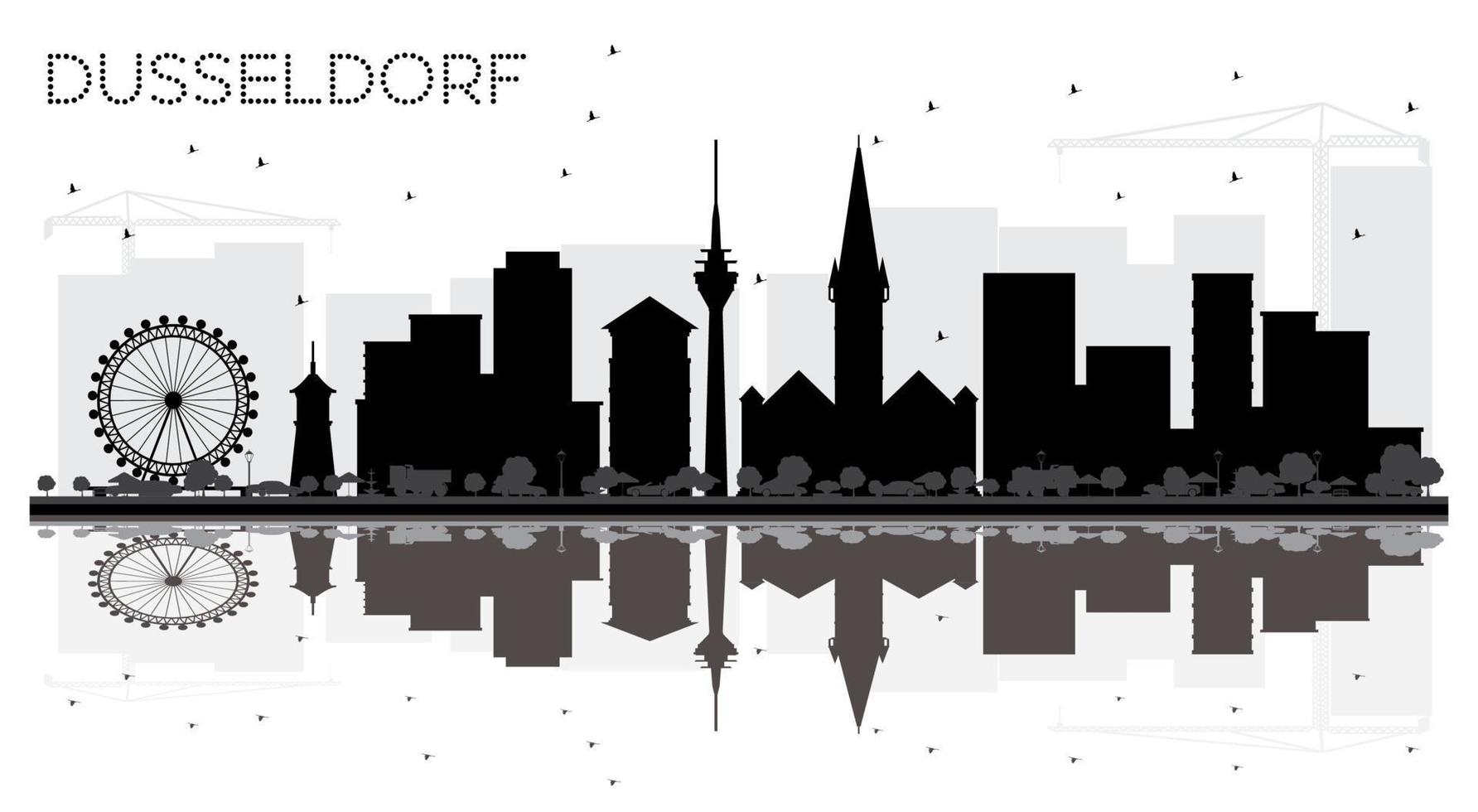 Düsseldorf Tyskland stad horisont svart och vit silhuett med reflektioner. vektor