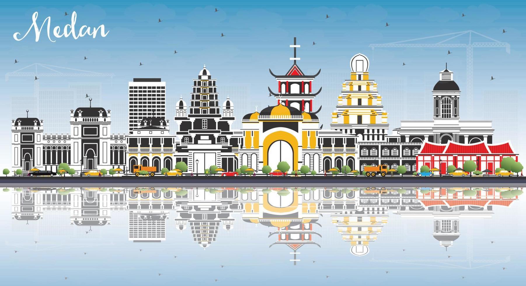 medan indonesien stad horisont med Färg byggnader, blå himmel och reflektioner. vektor