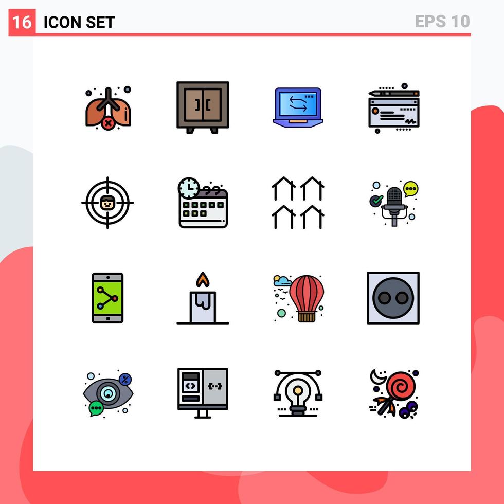 Gruppe von 16 flachen, farbgefüllten Linien Zeichen und Symbole für die Forschung menschliches Netzwerk Geschäft Cheaque editierbare kreative Vektordesign-Elemente vektor