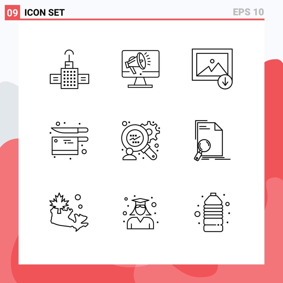 Stock Vector Icon Pack mit 9 Zeilen Zeichen und Symbolen für die Analyse Verbraucherforschung Download Messer Küche editierbare Vektordesign-Elemente