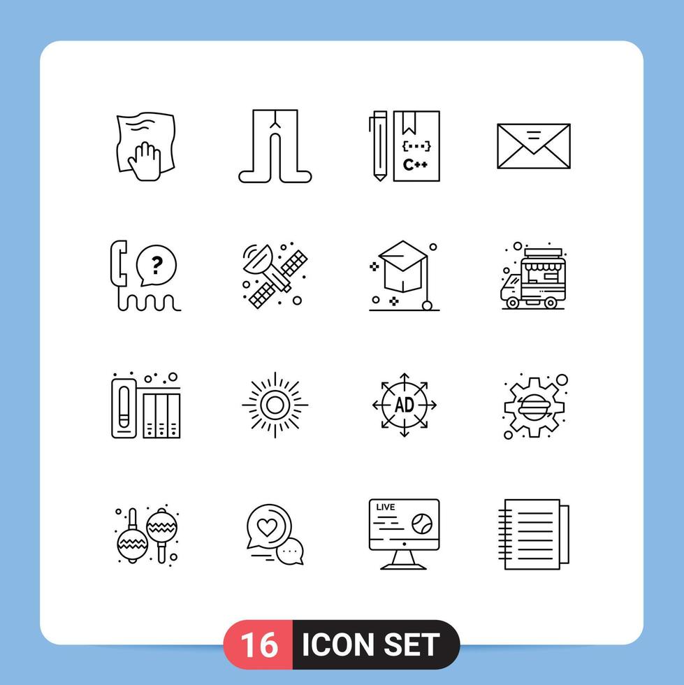 Universelle Symbolsymbole Gruppe von 16 modernen Umrissen von Multimedia-Mail-C-Posteingangsentwicklung editierbare Vektordesign-Elemente vektor