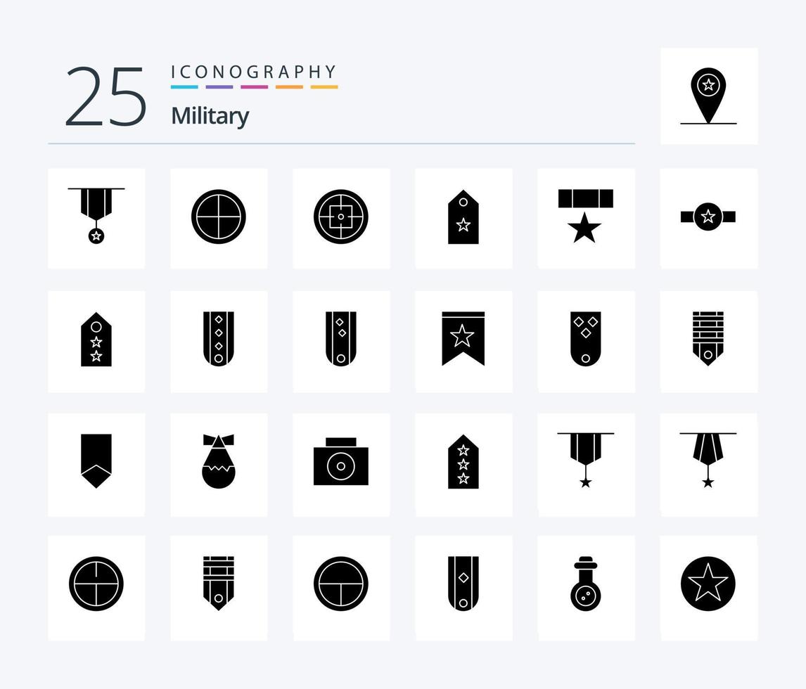 Military 25 solides Glyphen-Icon-Pack inklusive Medaille. vergeben. Soldat. Schild. Rang vektor