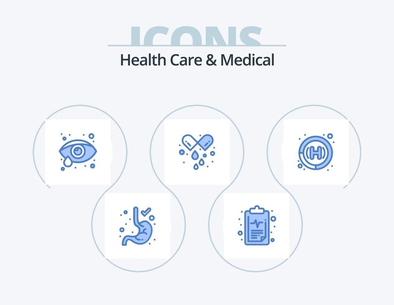 Gesundheitswesen und medizinisches blaues Icon-Pack 5-Icon-Design. . Gesundheitsvorsorge. Augengesundheit. Klinik. Tablette vektor