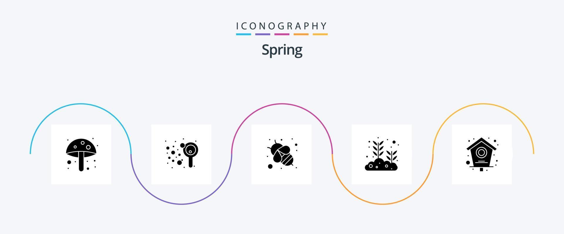Spring Glyph 5 Icon Pack inklusive Home. Vogel. Biene. wachsenden Samen. Blatt vektor