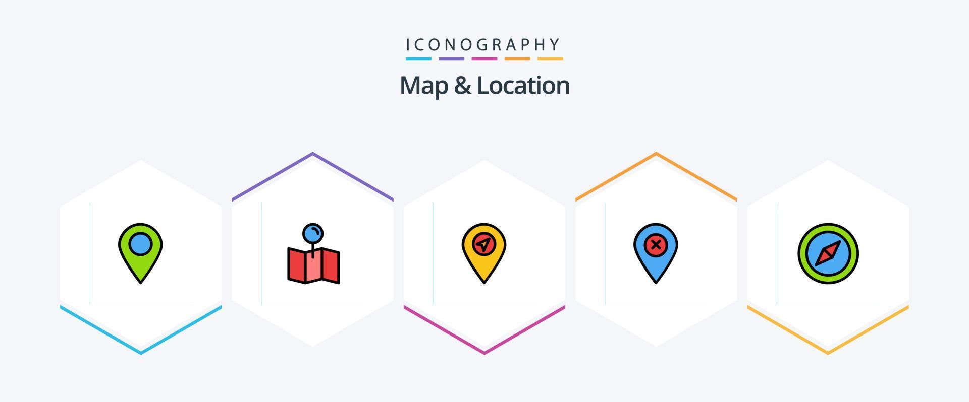 Karta och plats 25 fylld linje ikon packa Inklusive Karta. kompass. plats. stift. Karta vektor