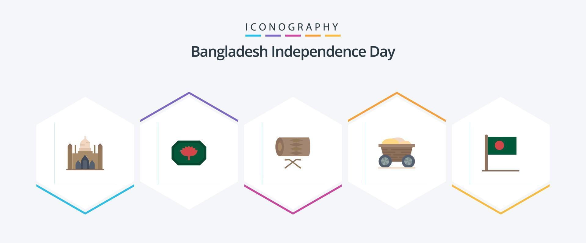 bangladesch unabhängigkeitstag 25 flaches symbolpaket einschließlich bangla. Bangladesch. Instrument. Lebensmittel. Wagen vektor